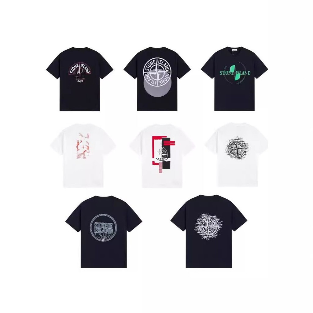 Stone Island แบรนด์อินเทรนด์แขนสั้น Sitong Island พิมพ์เสื้อยืดฤดูร้อนสบายๆอเนกประสงค์ผ้าฝ้ายแท้หลวม
