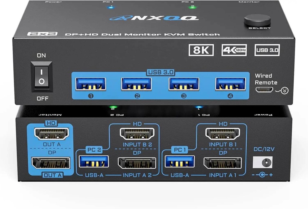 8K KVM Switch 2 จอภาพ 2 คอมพิวเตอร์ DisplayPort และ HDMI, 8K@60Hz 4K@144Hz KVM Switch Dual Monitor พ