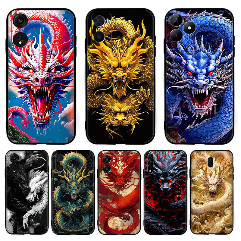 สําหรับ OPPO R9 F1 Plus R9S Reno 2 2Z 2F 3 4 Pro 5 5F Lite 5K จีนมังกรปลอก 6Y24 สีดํา TPU ซิลิโคนนุ่