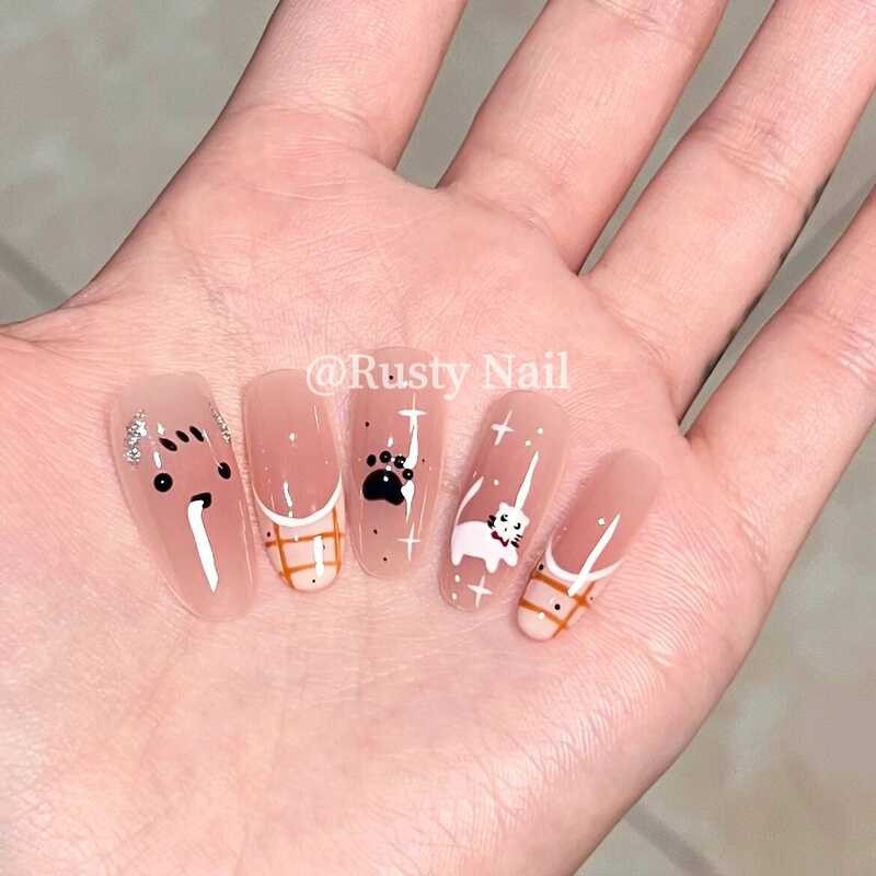 [Cat Dog Diary] Sweet Spice y2k French Blush Hand-Painted Pure Hand-Weared Nails Childlike Cute Nail