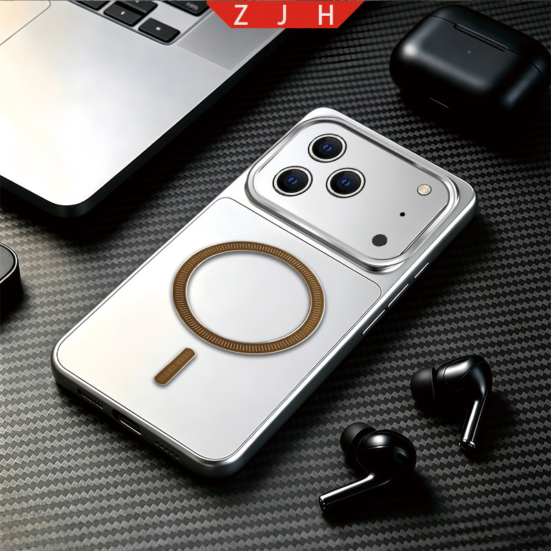 เหมาะสําหรับเคสโทรศัพท์ iphone 17 PRO ออกแบบใหม่วงกลมแนวนอนแม่เหล็กดูดแหวนกันกระแทกสเปรย์เงิน softca