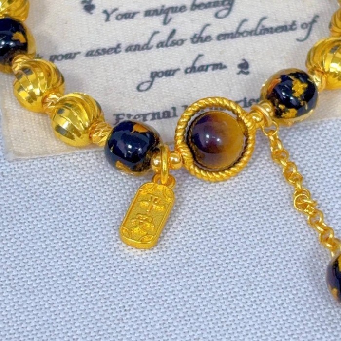 QW 24K 9999 Real Gold Ancient Style Sugar Tiger Eye Peace Bracelet Exquisite Retro High Luxury