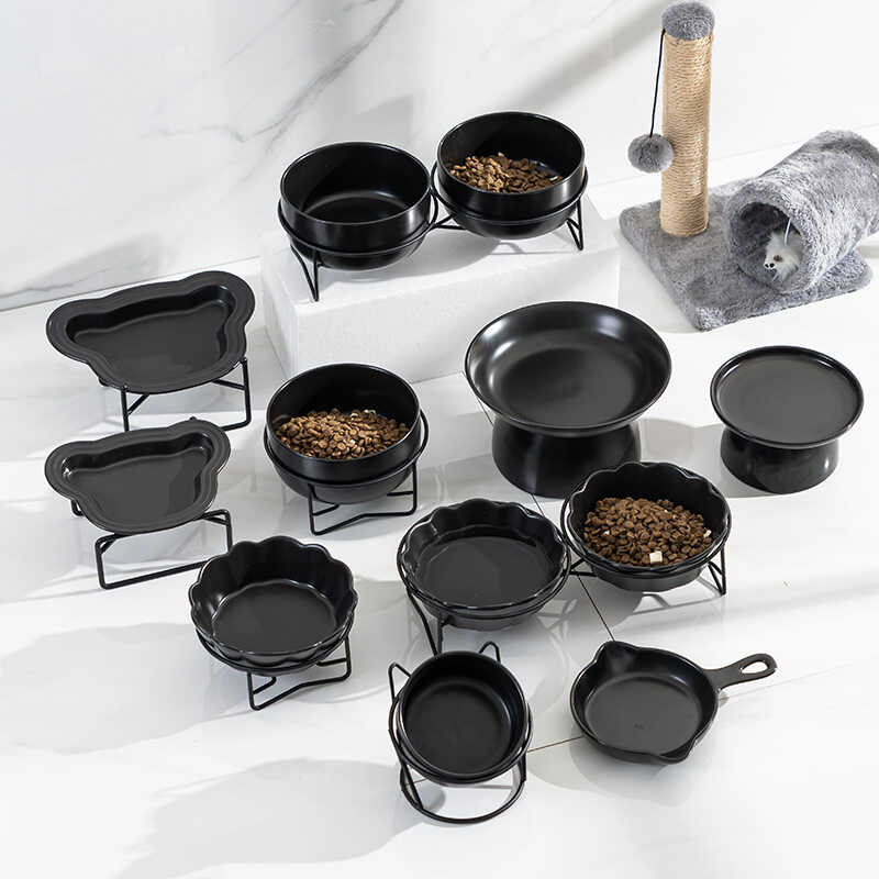 Cat Cat Cat Bowl สีดําสีดําสีดําชามอาหารแมวเซรามิคสัตว์เลี้ยงชามดื่มชามข้าว High-Foot Oblique Bowl A
