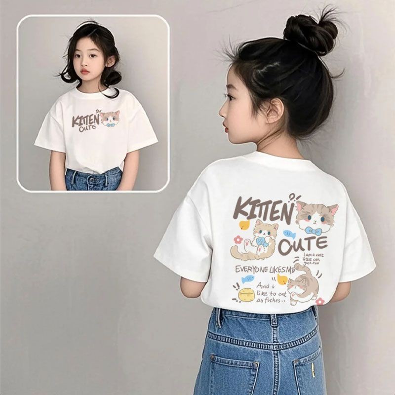 เสื้อยืดแขนสั้นสีดำผ้าฝ้ายแท้ ออกแบบใหม่สไตล์แมว สำหรับผู้หญิงและเด็ก
