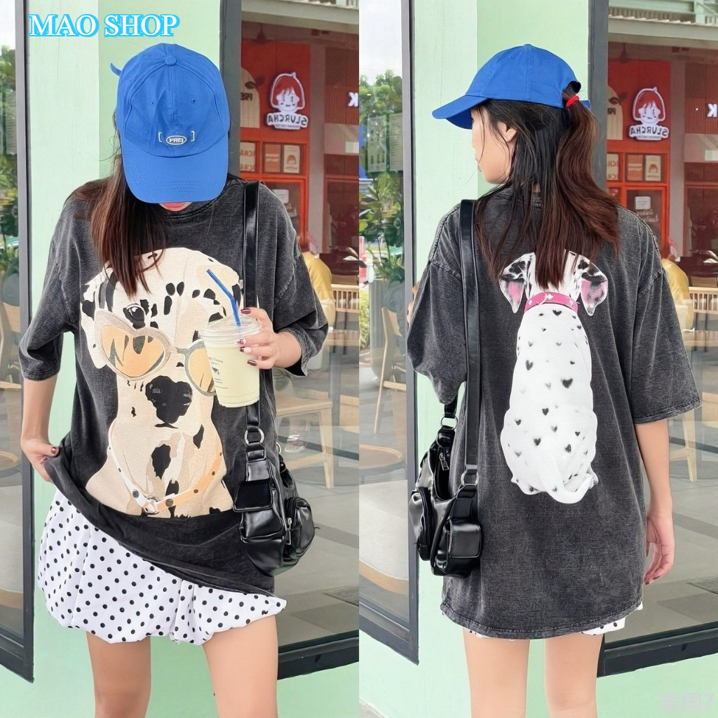 COD (จัดส่งในกรุงเทพฯ) MAO Shop  เสื้อยืดฟอก วินเทจคอกลม  ทรงโอเวอร์ไซต์ ลายน้องหมาแว่นหัวใจ-A21