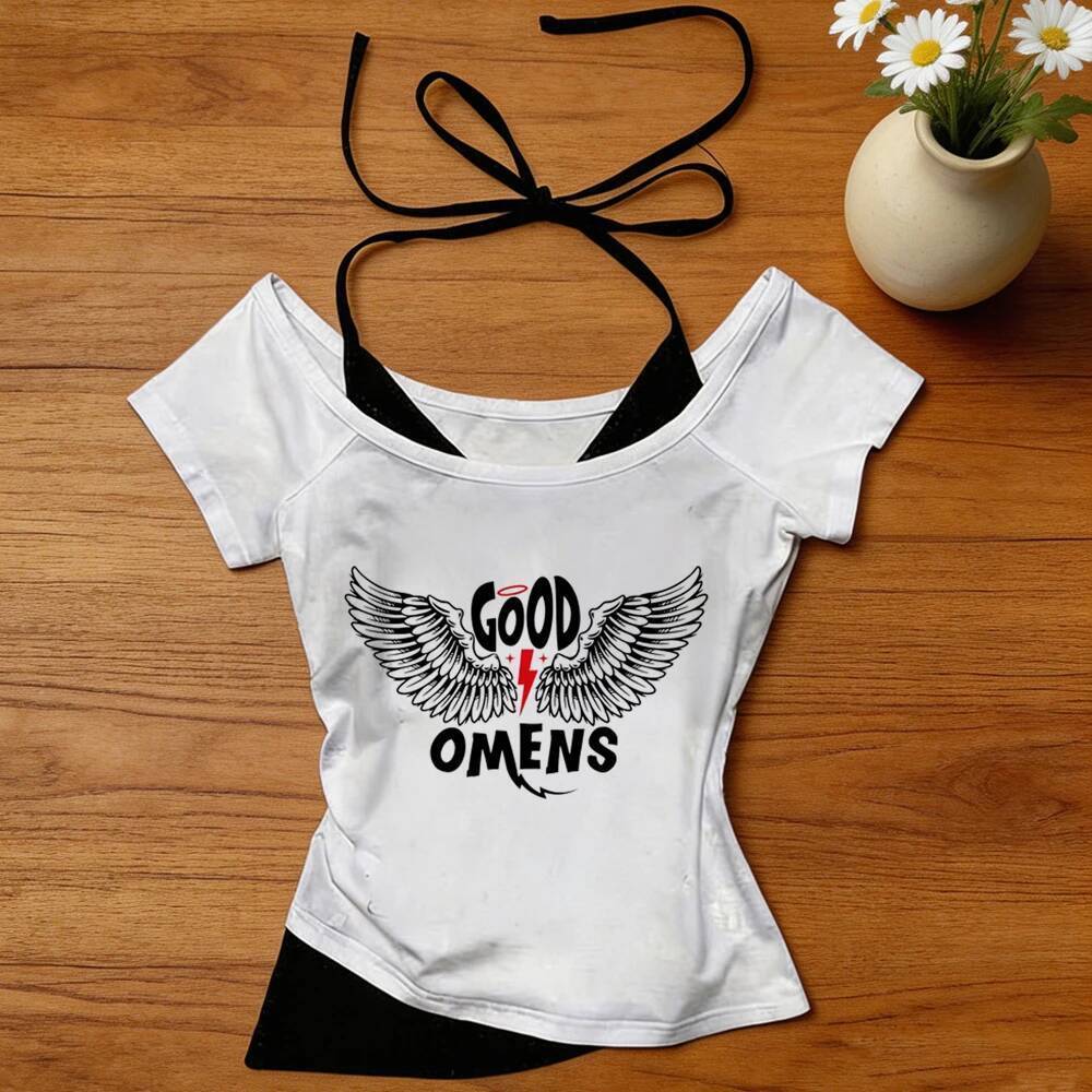 Good Omens cropped top ผู้หญิงตลก kawaii clearance Dollette Grunge เสื้อยืดตลก streetwear น่ารัก dol