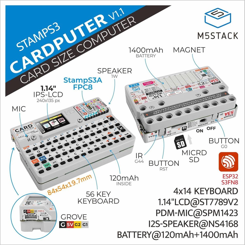 M55Stack Official Cardputer v1.1 พร้อม M5stampS3A บอร์ด ESP32-S3 คอมพิวเตอร์พกพา 1.14 นิ้วหน้าจอ 56K