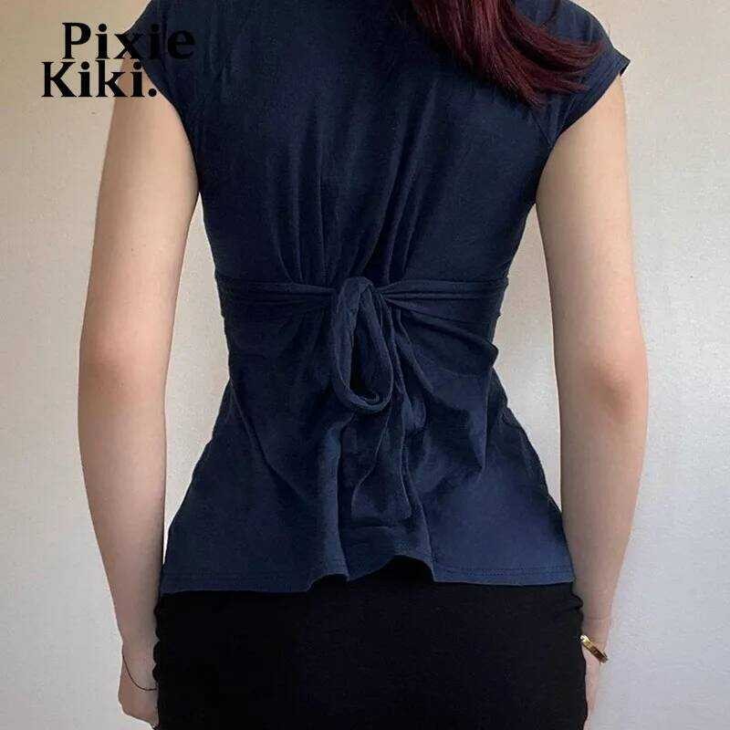▥ ekiki Bow Tie Vคอสั้นแขนเสื้อtเสื้อผู้หญิงเสื้อผ้าฤดูร้อน 2025 Y2kหญิงเสื้อp84-Cz13