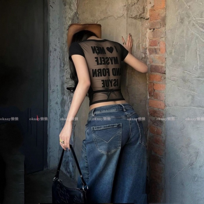 สาวร้อนสไตล์ผ้ากอซ Halter U-คอเสื้อยืดผู้หญิงฤดูร้อนสีดํา