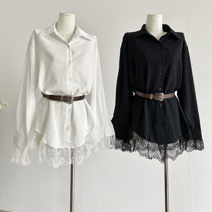 เสื้อเชิ้ตแขนยาวสีขาว พร้อมเข็มขัดสำหรับชุดเดรส และปกแบบพิเศษ