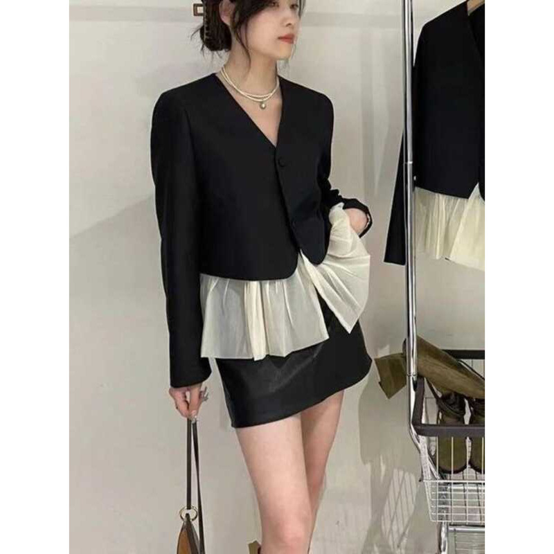 ▥ Y2kเสื้อผ้าผู้หญิงvคอเกาหลีเสื้อแขนยาวelegant Patchwork Tops 2025 Ropa Mujer Rufflesอารมณ์เก๋