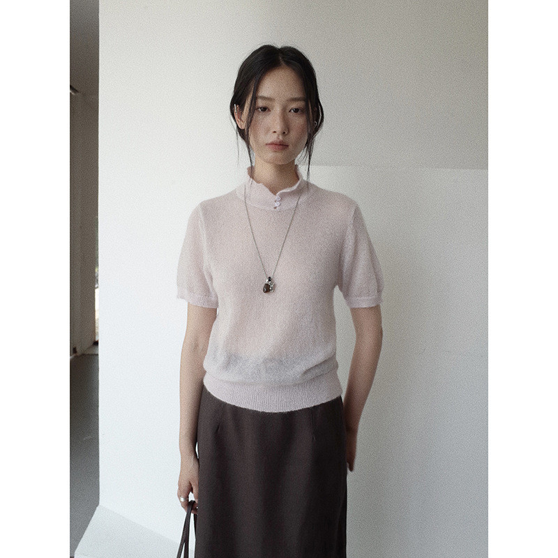 MMC DITION เสื้อยืดแขนสั้นสำหรับผู้หญิงสิบสามบรรทัด 2025 ฤดูใบไม้ร่วงใหม่คอเต่าชั้นสูง mohair ด้านบ