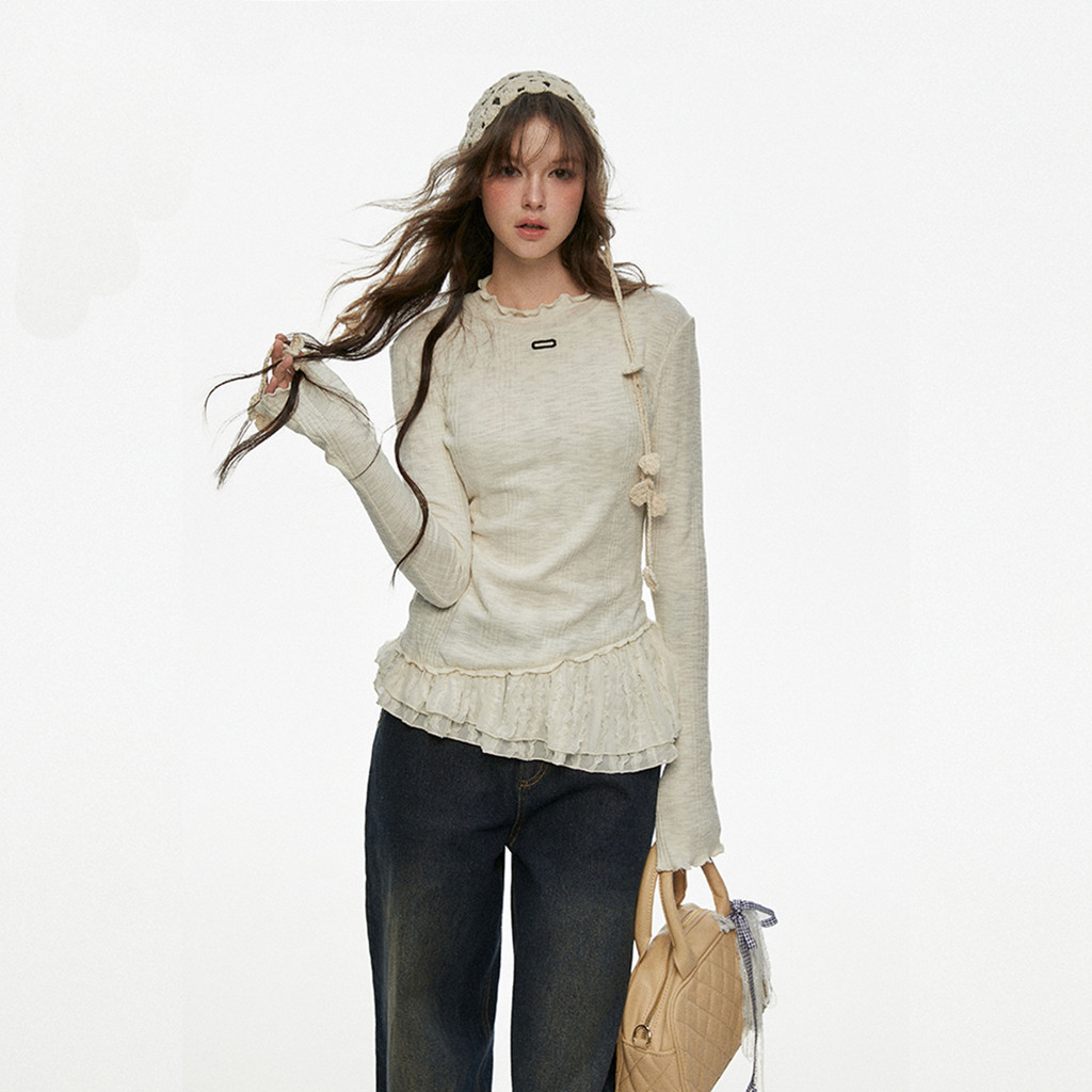 Shanmieleng เสื้อยืดรอบคอลายลูกไม้ สไตล์ฝรั่งเศส ฟิตเรียบหรูสำหรับผู้หญิง