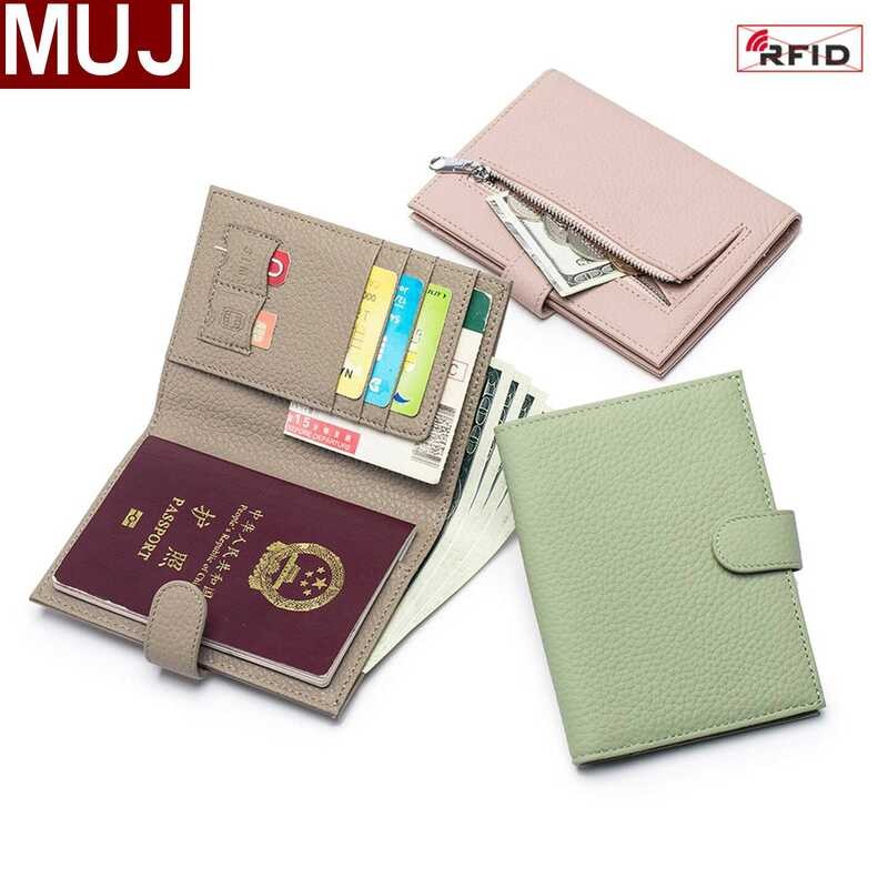 Muji rfid แปรงป้องกันการโจรกรรมหนังแท้เนื้อกระเป๋าหนังสือเดินทางบางเฉียบกระเป๋าสตางค์มัลติฟังก์ชั่นผ