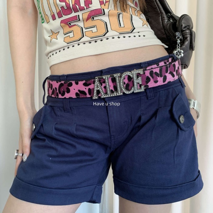 Have u shop American Punk Style Suede Leopard Print Letter Belt Female Y2K Pink Rhinestone Metal Buc