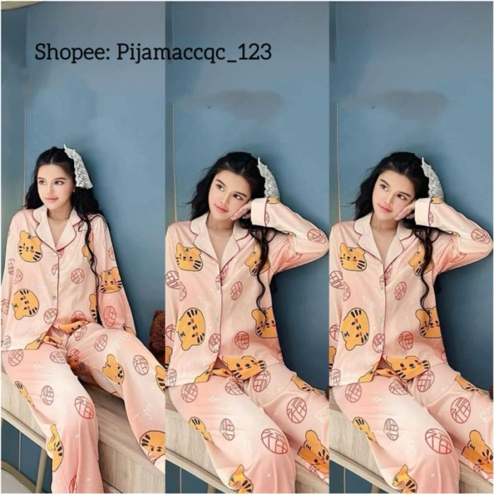 ️SHIP NOW 247 ️ชุดนอนแขนยาวลายเสือน่ารักสีส้มแท้_CLC_ผ้าไหมคราบคุณภาพสูง qc A389.
