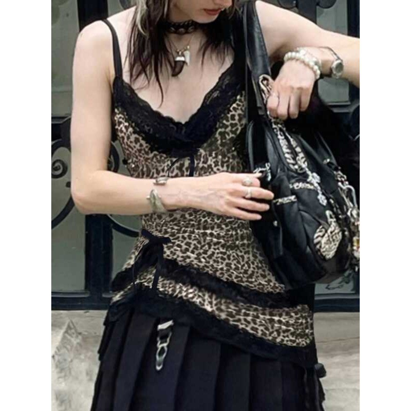 ▥ Cuteandpsychoลูกไม้patchwork Y2k Camisoleเสือดาวพิมพ์y2k Backlessเซ็กซี่น่ารักเสื้อvคอfairyco