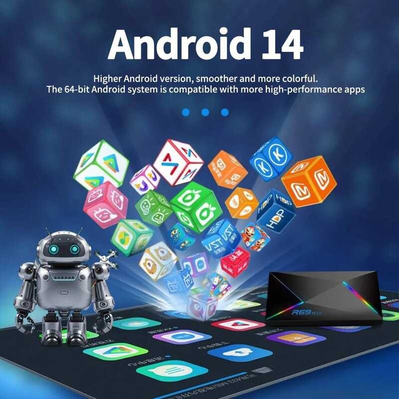 ▥ R69 PLUS Android 14 กล่องทีวี Allwinner H728 Octa-Core A55 CPU Mali G57 GPU Wifi 6 8K วิดีโอ