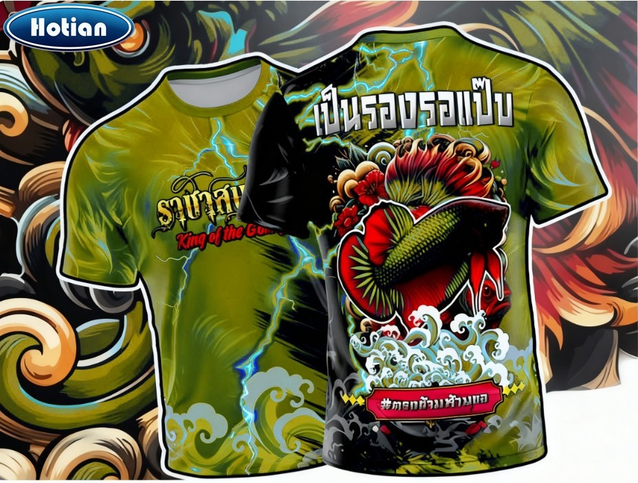 เสื้อปลากัดซิ่ง สีดำ แขนสั้น สีดำ D568 MIN เสื้อกีฬาพิมพ์ลาย ผ้าไมโครละเอียดเกรดเอ ปลากัด betta