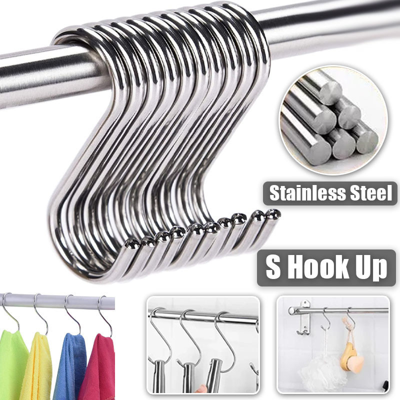 12PCS Universal S Hook ตะขอสแตนเลสหนารับน้ําหนัก S-shaped Hook Home Commercial Meat Hook Drying Hook S钩 挂钩 钢挂钩