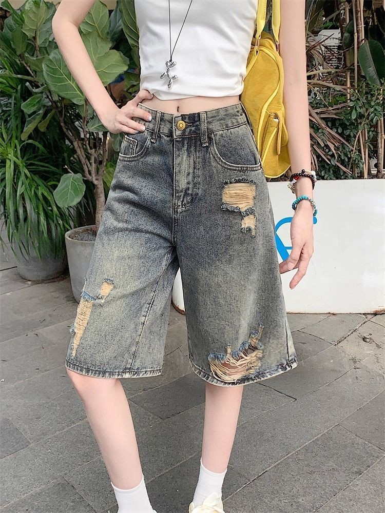Solovely S-4XL ผู้หญิ กางเกงเบอร์มิวด้า เกาหลี เอวสูง ลำลอง กางเกงยีนส์ ขอบดิบ กางเกงขาสั้น