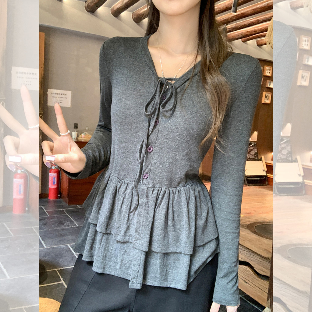 94381 เสื้อเบลาส์แขนยาวคอวีผูกเชือก สบายๆ และทันสมัย