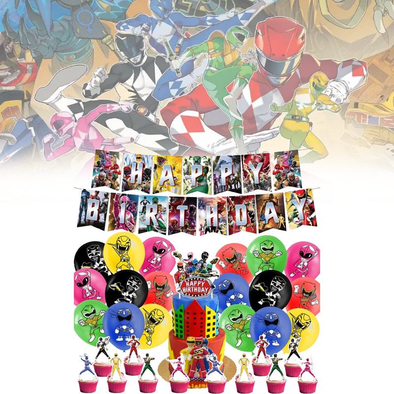 Power Mighty Morphin Rangers อุปกรณ์ตกแต่งปาร์ตี้สําหรับเด็กพร้อมลูกโป่งพิมพ์ลายธงและปิ๊กเค้กเกลียว