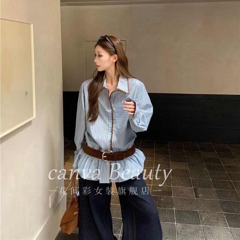 เสื้อลายพิมพ์สไตล์อเมริกันสำหรับฤดูใบไม้ร่วง สีฟ้าแขนยาว ใส่แล้วดูเก๋ในทุกโอกาส