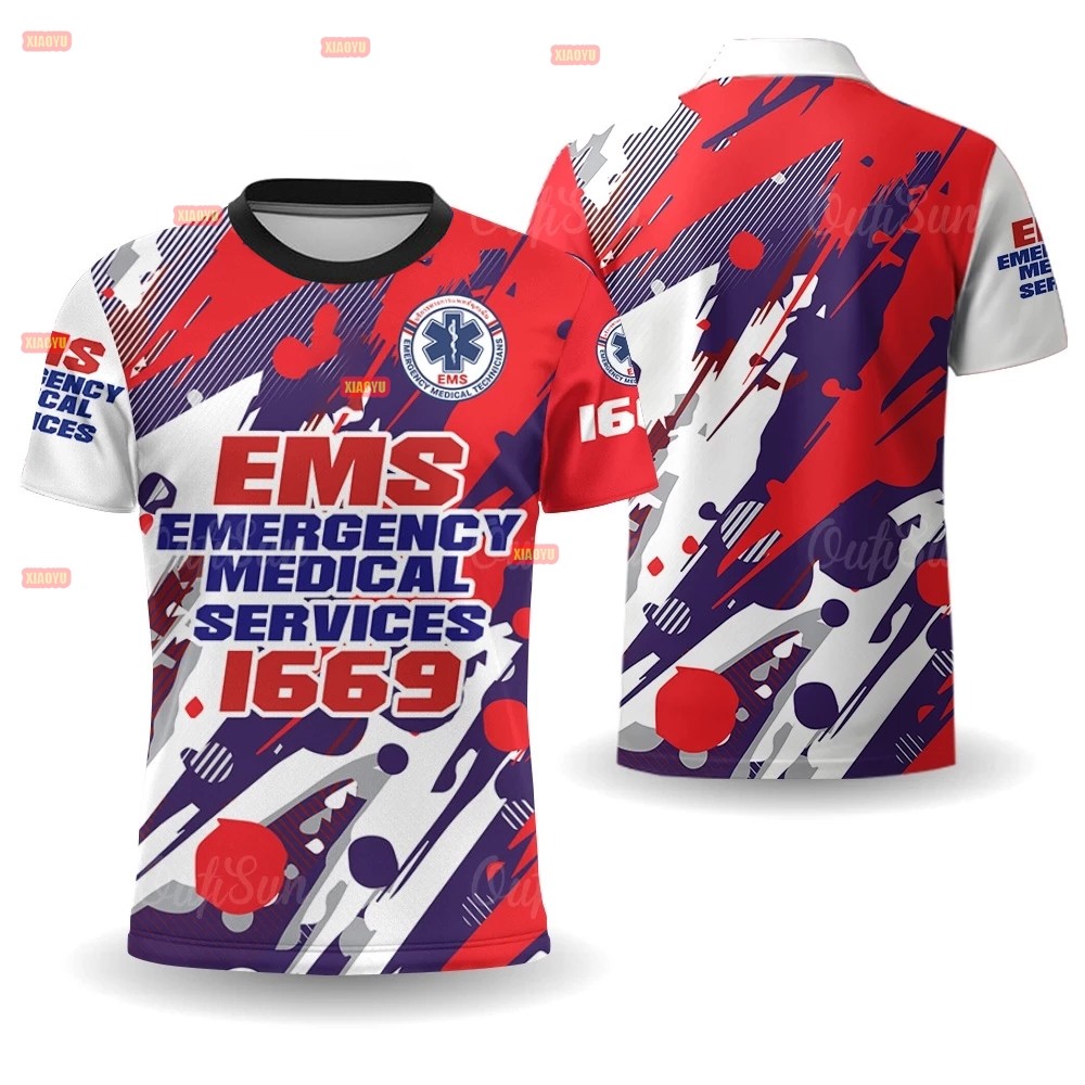 EMS 1669 เสื้อเชิ้ตพิมพ์ลายคอปก ดีไซน์ใหม่ เสื้อทำงานสำหรับสถานการณ์ฉุกเฉินทางการแพทย์