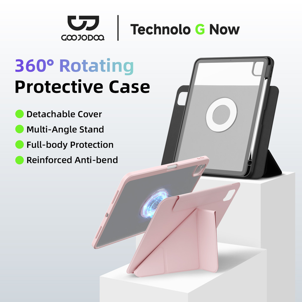 GOOJODOQ กล่องป้องกัน iPad 360 ° หมุน ได้แม่เหล็ก ขาตั้งสามพับรูปตัว Y โหมดปลุกและการนอนหลับอัตโนมัติหมุนได้