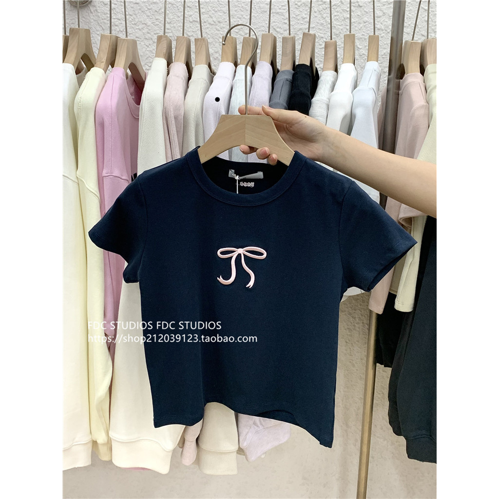 (จัดส่งตลอด 24 ชั่วโมง）OOOK Official เสื้อ baby tee สะดือ ปักโบว์