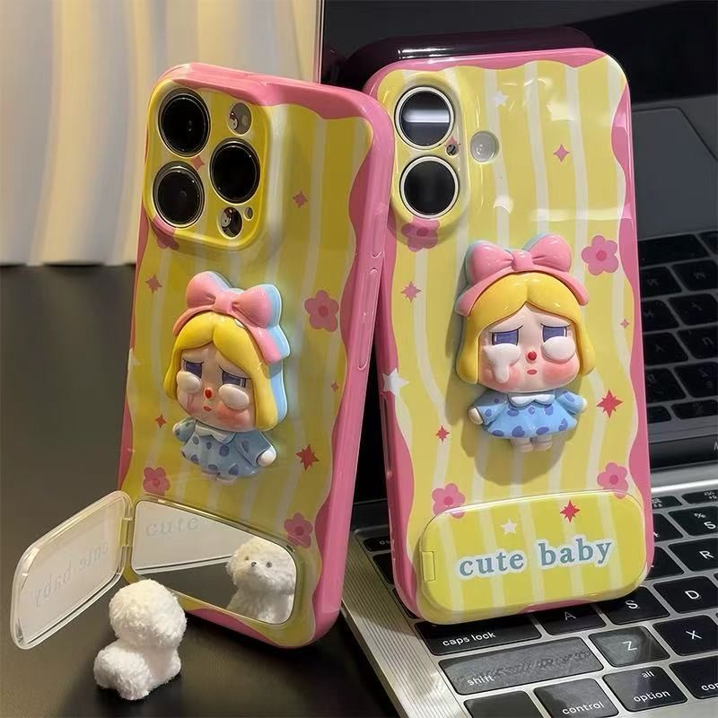 น่ารักร้องไห้เด็กการ์ตูนพับ bracke สําหรับ VIVO V60 V50 V40 Lite V27 V23 V23e V25 V20 V40 5G S1 Pro V15 หรูหรา Make Up กระจกฝาครอบโทรศัพท์