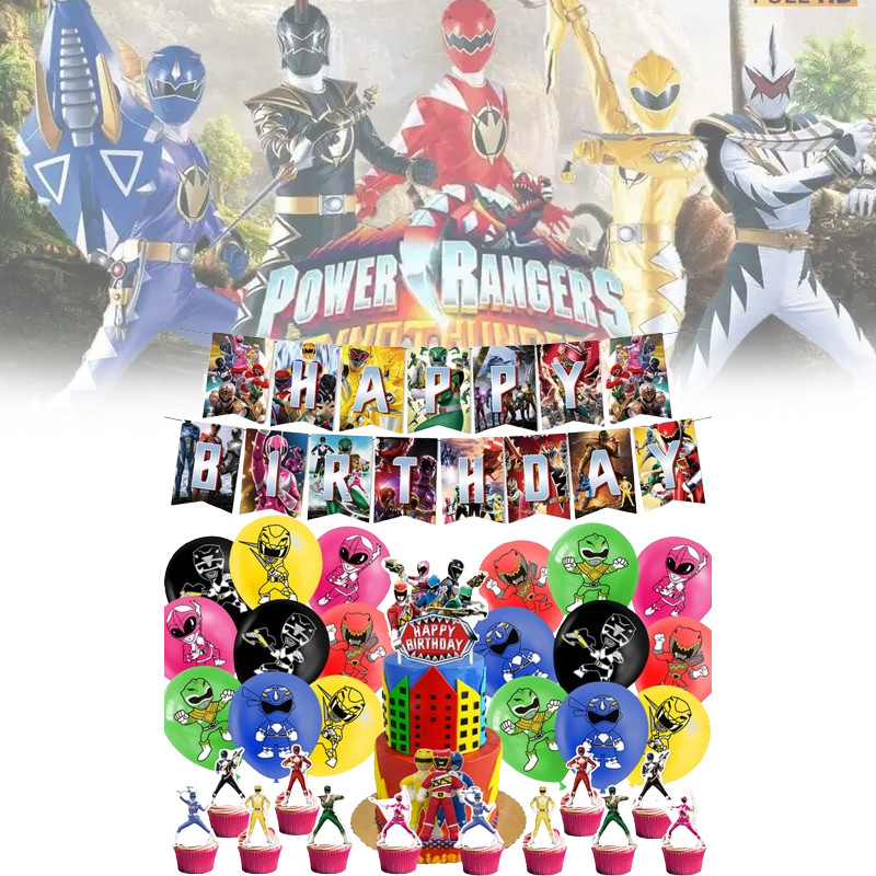 Morphin Mighty Power Rangers ตกแต่งปาร์ตี้สําหรับเด็กพร้อมลูกโป่งพิมพ์ลายธงและเกลียว Picks Cake