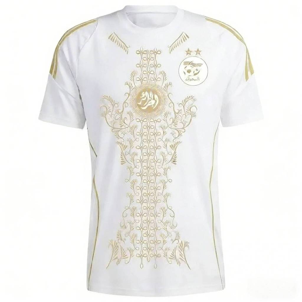Algeria Team Away Jersey สําหรับ 24-25 Season_ ผู้ชายและผู้หญิงแฟชั่นเสื้อยืดพื้นหลังสีเขียวครอบครัว