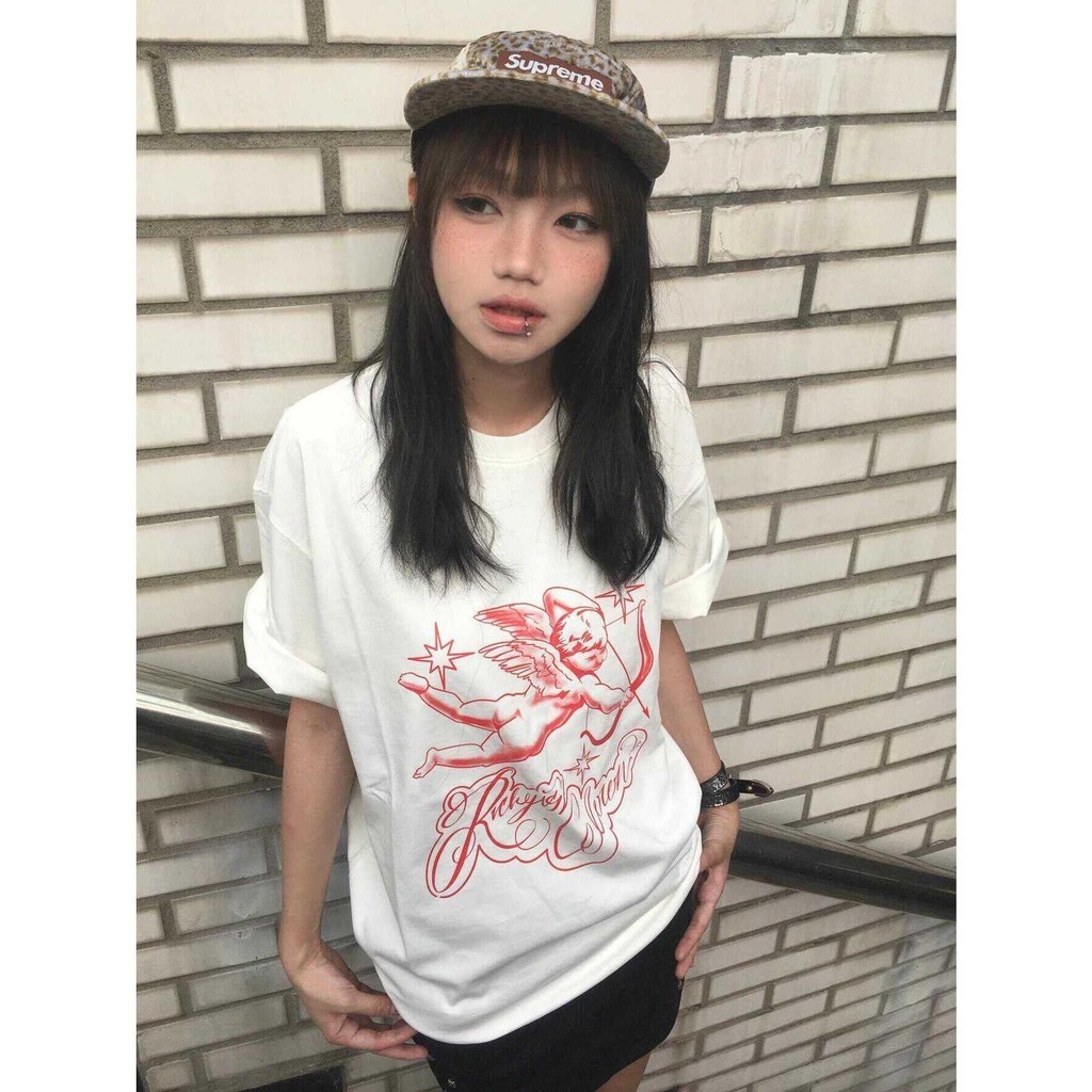 Papaya เสื้อยืด Oversize ลายแองเจิลแฟชั่นสำหรับผู้หญิง ผ้าฝ้าย 100% สวมใส่สบาย WS1123 Clothing Lady