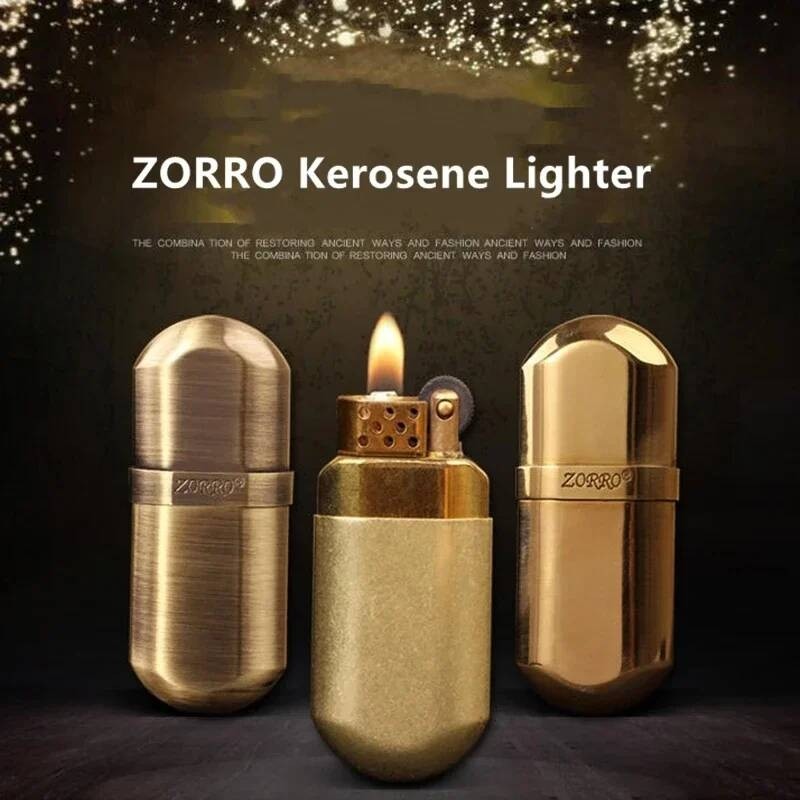 ZORRO ไฟแช็กน้ำมันก๊าดแบบเรโทร ทองเหลือง ขนาดเล็ก บางเฉียบ กันลม ล้อจุดไฟ โลหะ ทนน้ำ พกพาสะดวก สำหรับการสูบบุหรี่กลางแจ้
