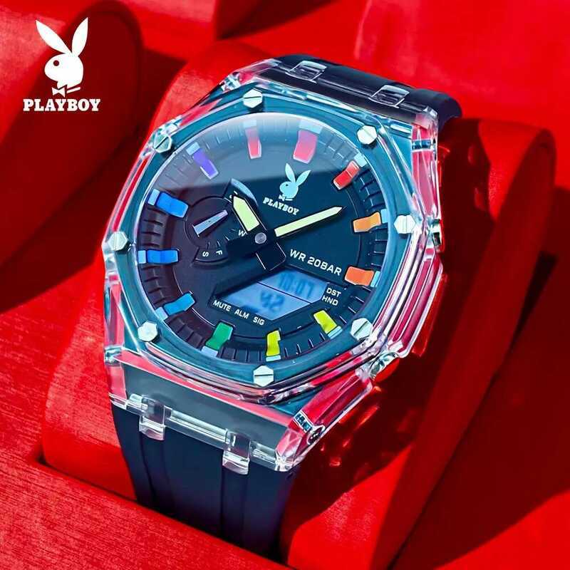 Playboy นาฬิกา นาฬิกาผู้ชาย นาฬิกาข้อมือดิจิทัล นาฬิกาผู้ชายกันน้ํา หน้าจอ LED กันน้ํา กันกระแทก อเน