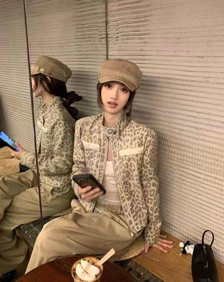 Niche Custom Dyed Leopard Print Stand Collar Jacket