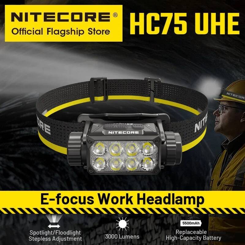 ไฟฉายOutdoor Camping Nitecore HC75 UHE E-Focus 3000ลูเมน ชาร์จUSB-C น้ำท่วมได้ แบตLi-ion 5500mAh