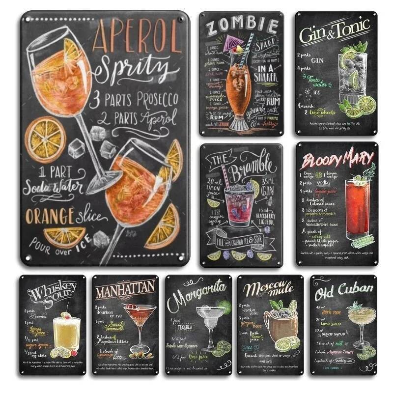Vintage Tinplate Gin & Tonic Cocktail Poster สำหรับบาร์และตกแต่งผนังบ้าน