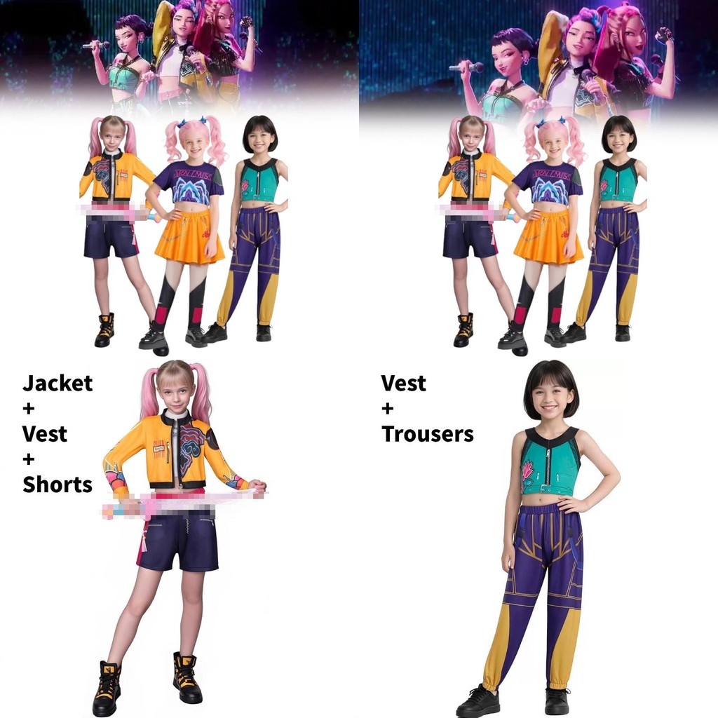 ชุดคอสตูม Rumi, Mira, Zoey จาก Kpop Demon Hunters สําหรับปาร์ตี้ฮาโลวีนของเด็ก