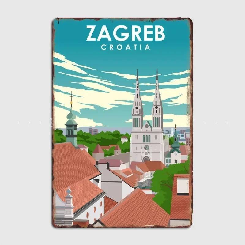 Tourist Attraction Zagreb Croatia Travel โปสเตอร์ Wall Art ภาพวาดโลหะ Vintage Garden ป้ายดีบุกตกแต่ง