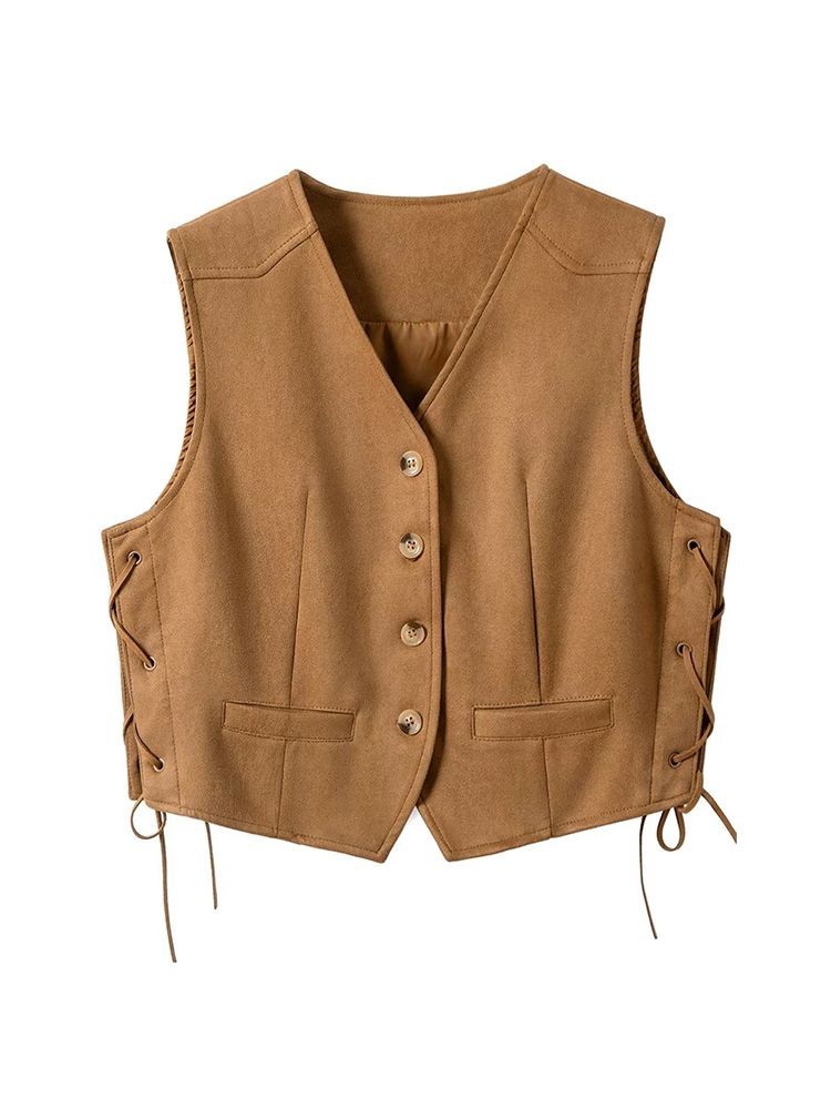 Retro Suede Heavy Industry เสื้อกั๊กผู้หญิง Melade ด้านนอก v คอสั้น Layered Single-Breasted Vest