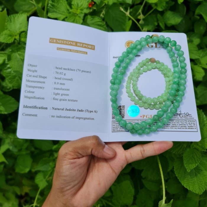 สร้อยคอหยกแท้  ขนาด 8 มิล Jadeite Type A หยกเกรดคุณภาพ (70.02 g)