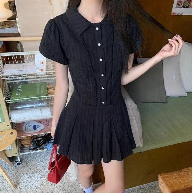 สไตล์เกาหลี Gentle College แขนสั้น POLO Dress Niche Simple Design Sense เอวแคบ Slimmer ดูกระโปรงสีขาวเล็กๆผู้หญิง