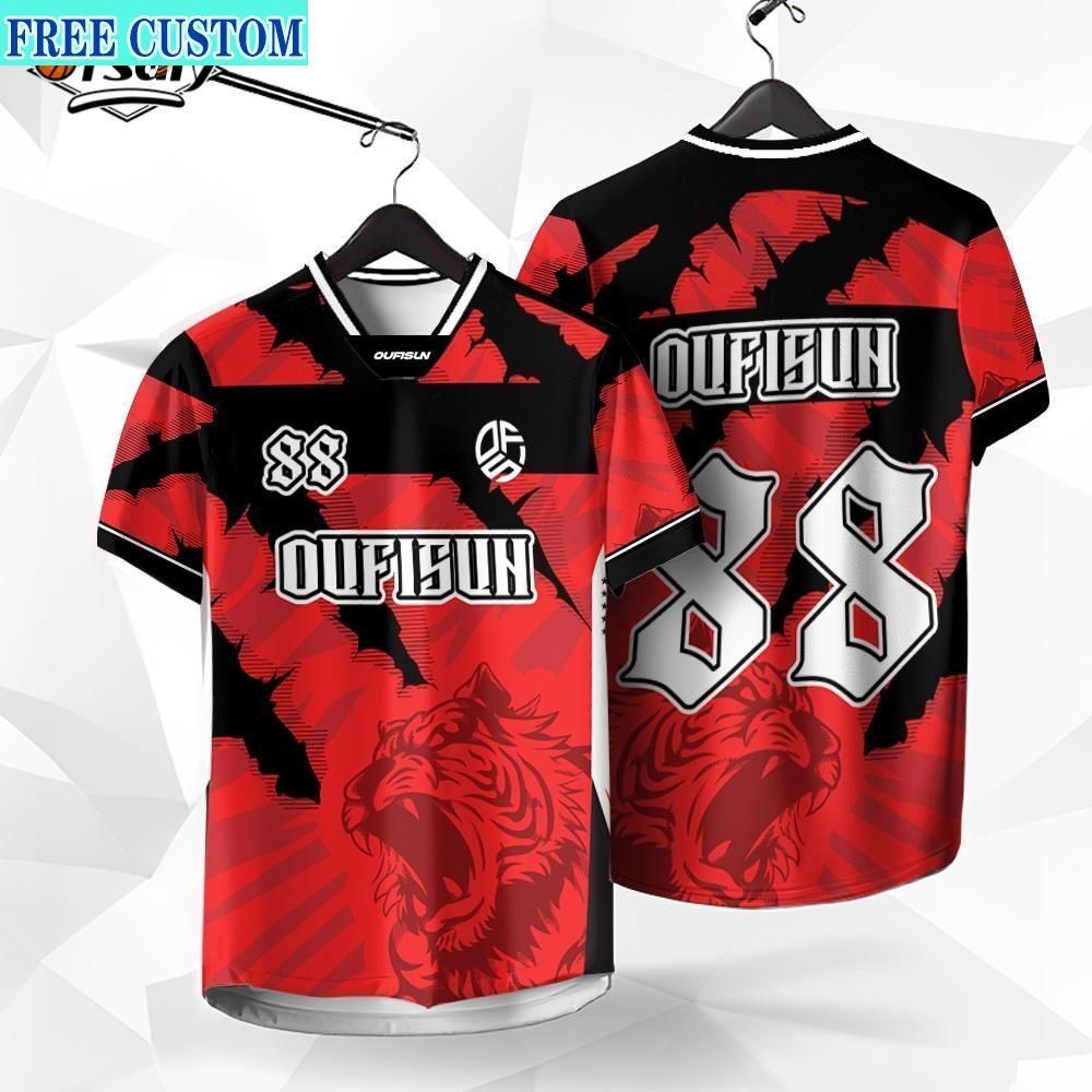 เจอร์ซีย์ทีม NO.88 พร้อมพิมพ์ชื่อ แขนสั้น V-neck สีแดง สำหรับกีฬาฟุตบอลและบาสเกตบอล