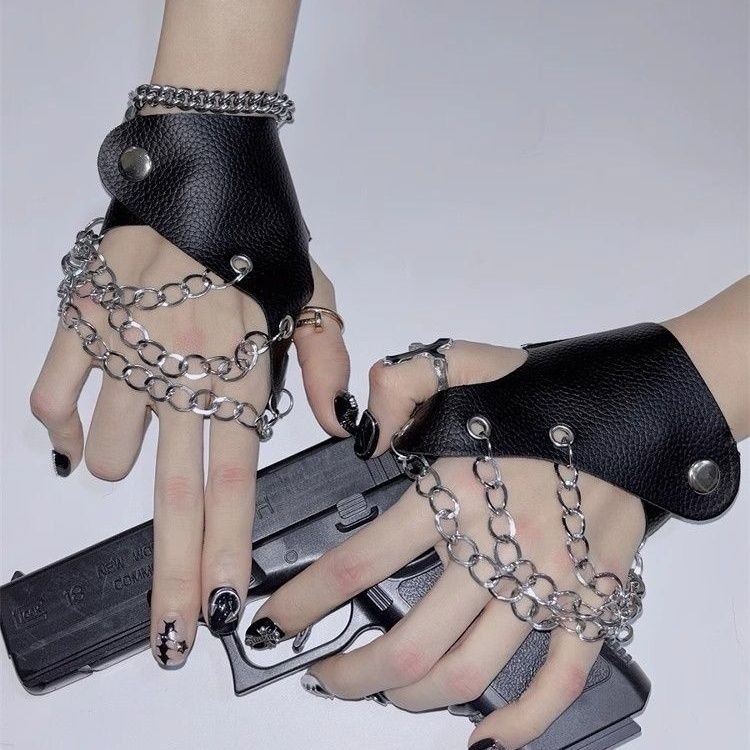 M Y2K สาวร้อน yabi โซ่พังก์ยุโรปและอเมริกันแจ๊สเต้นรำการแสดง cos 2d pu หนังครึ่งนิ้วแขนเสื้อ