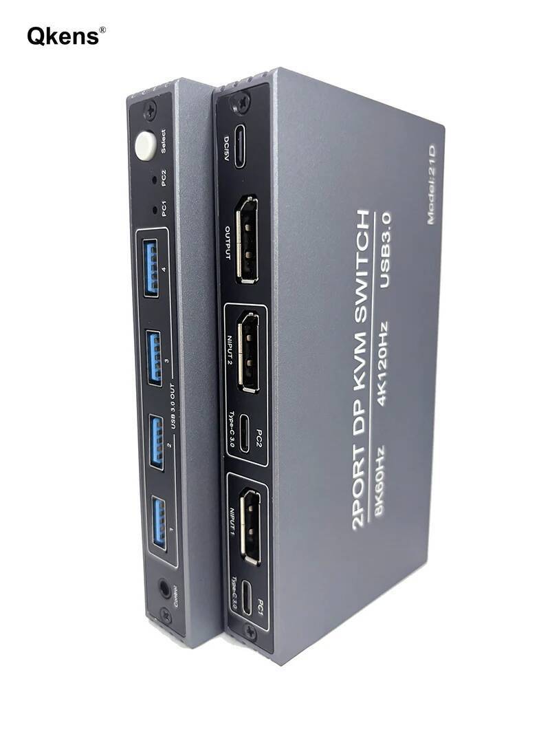 2ports 8K DP KVM Switch 4 พอร์ต USB 3.0 4K120Hz 1080p240Hz DisplayPort KVM Switcher สําหรับ 2 คอมพิว