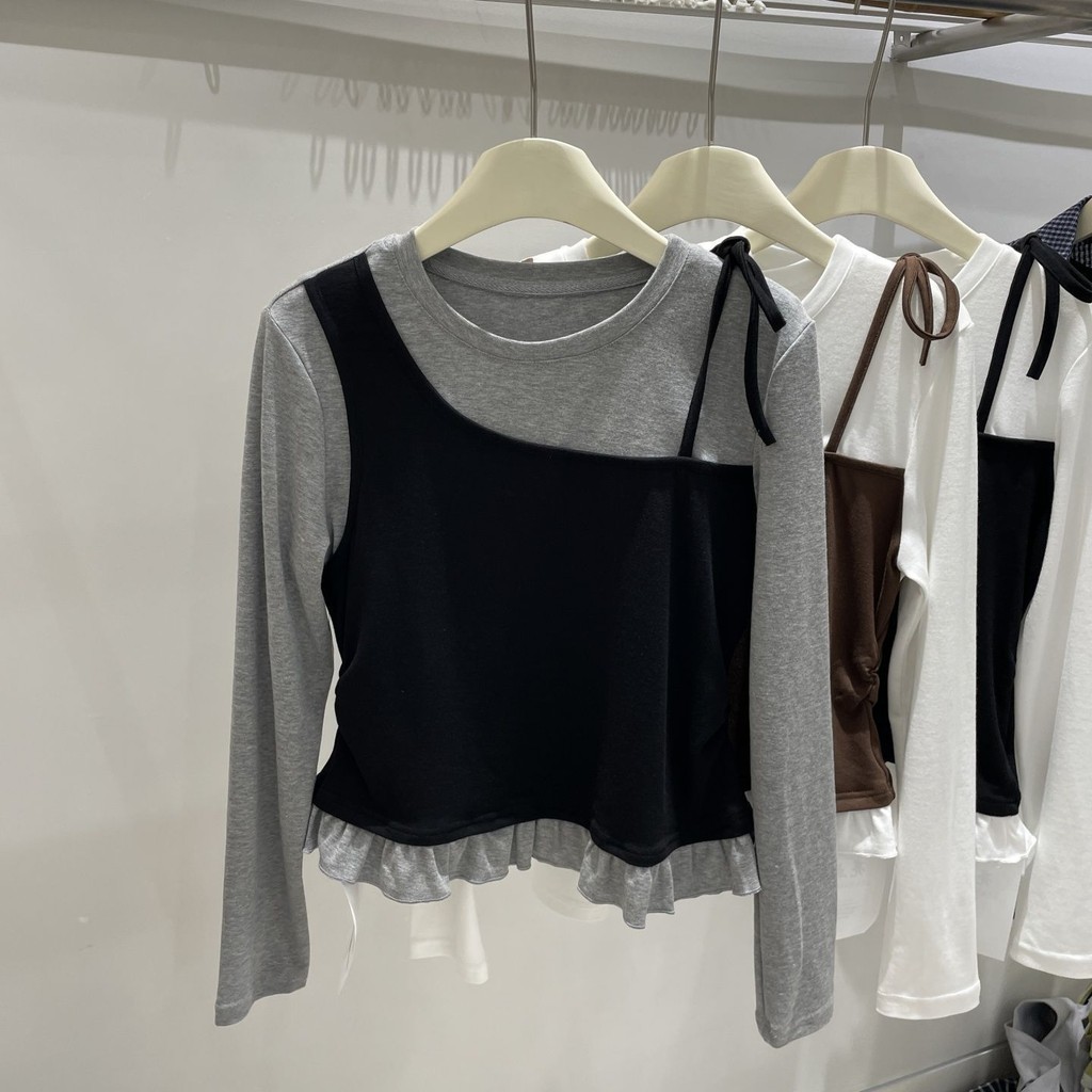 [ผลิตภัณฑ์ใหม่] เด็กผู้หญิงฤดูใบไม้ผลิฤดูใบไม้ร่วงเวอร์ชั่นเกาหลีเย็บสีตัดกันกลางเด็กใหญ่เสื้อแขนยาว