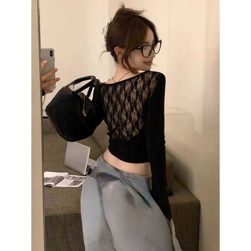 ▥ ฤดูใบไม้ผลิใหม่ SEXY Crop Tops แฟชั่นผู้หญิงแขนยาว O-คอ Tunic Tees Y2k TOP Patchwork Hollow O